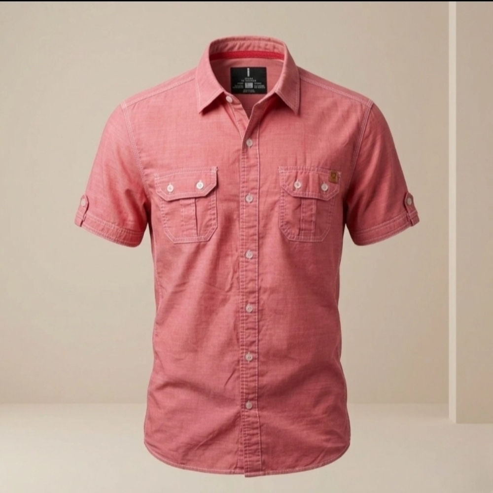 i jeans by Buffalo Men’s Short Sleeve Button Down Shirt Pink Size M Dual Pockets